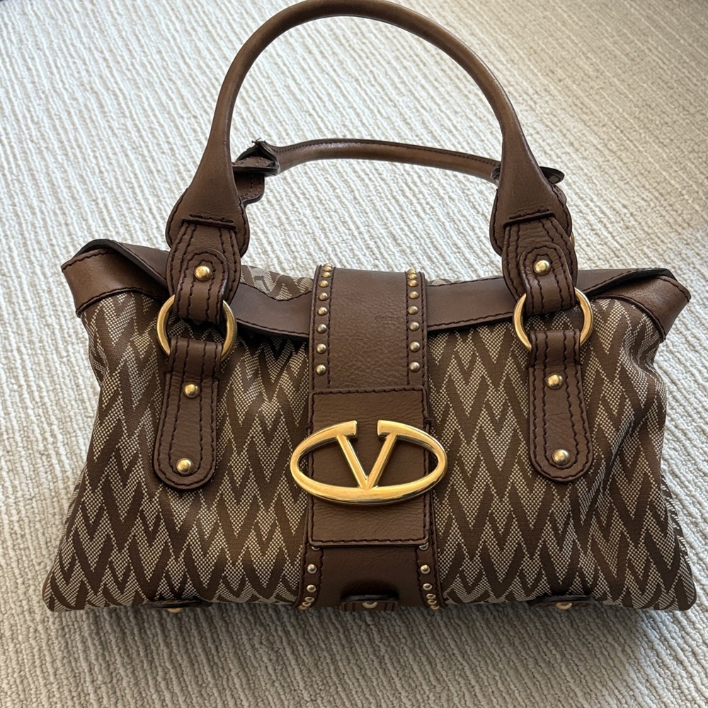 Valentino Garavani Brown Satchel with Gold Accents